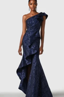 Vestido formal sereia com babados e um ombro azul marinho com fenda