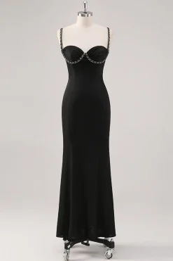 Vestido formal simples de alças de espaguete preto