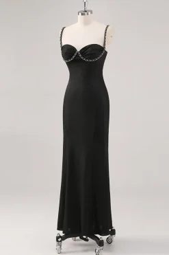 Vestido formal simples de alças de espaguete preto