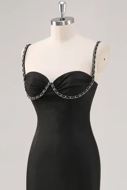 Vestido formal simples de alças de espaguete preto