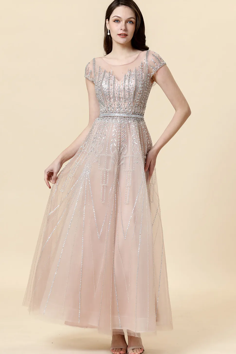 Vestido Formal Tule Blush Pescoço Redondo