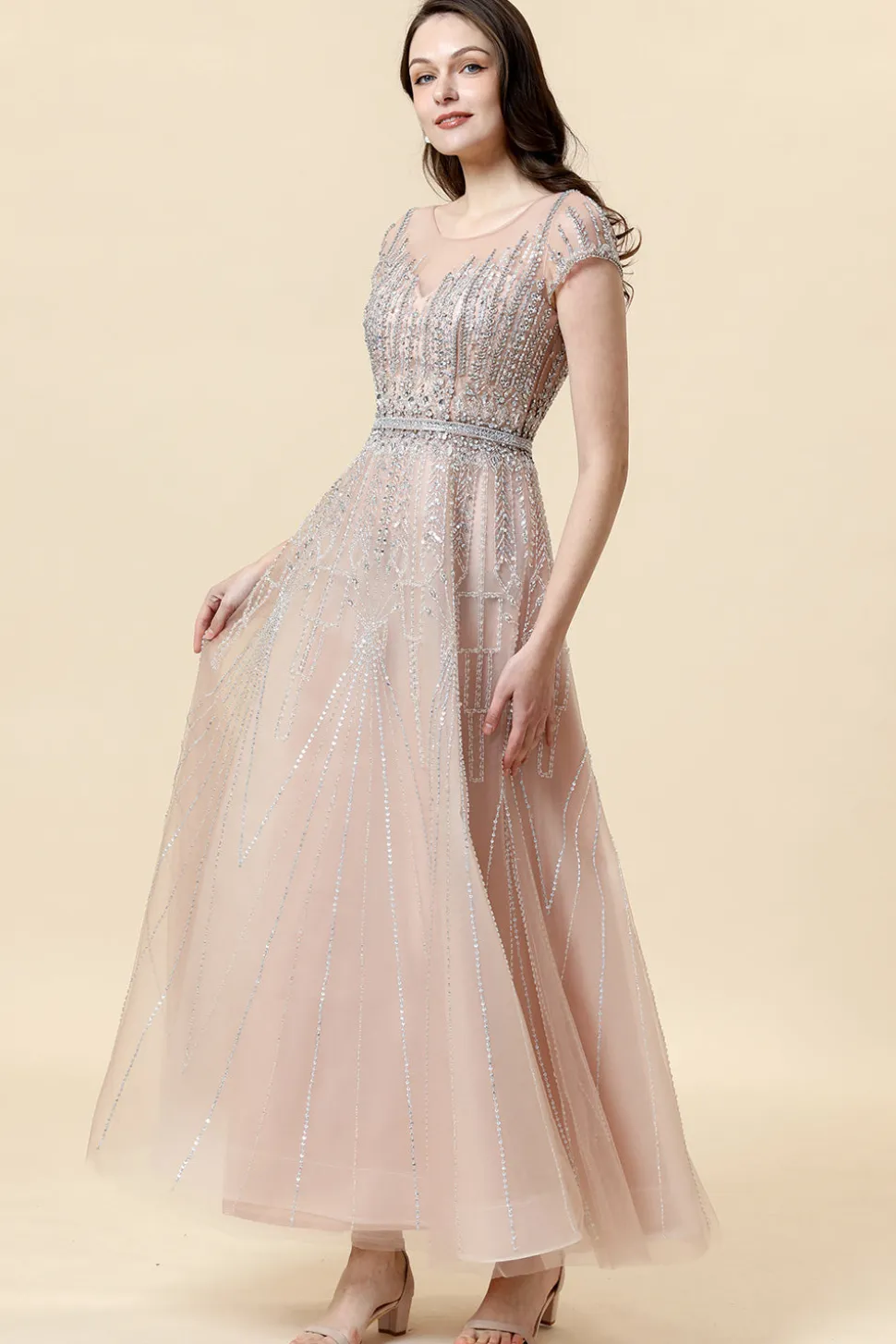 Vestido Formal Tule Blush Pescoço Redondo