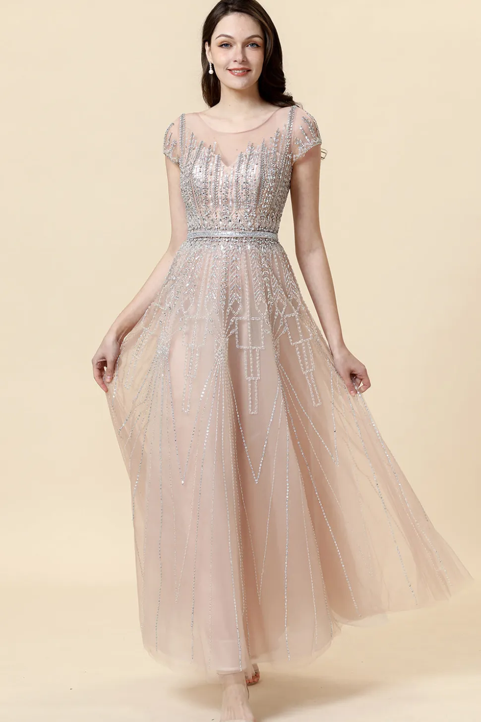Vestido Formal Tule Blush Pescoço Redondo