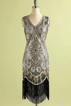 Vestido franja de lantejoulas prateado dos anos 1920