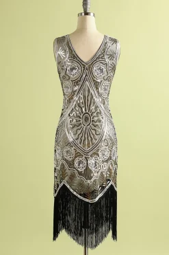 Vestido franja de lantejoulas prateado dos anos 1920