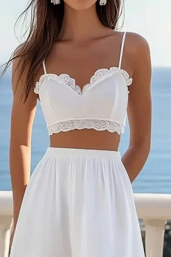 Vestido Linha-A 2 Peças Plissado Chiffon Midi Vestidinho Branco