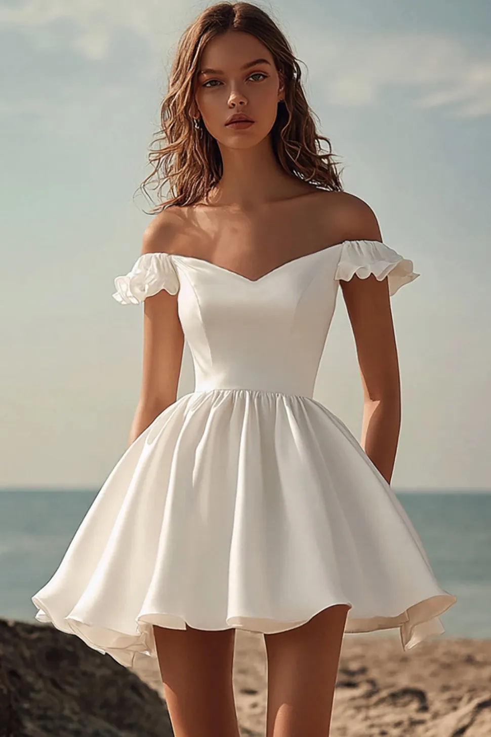 Vestido Linha-A Sem Ombros Mini Babados Vestidinho Branco