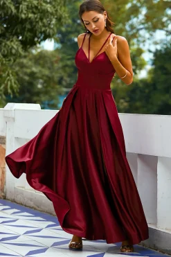 Vestido Longo Cetim Borgonha