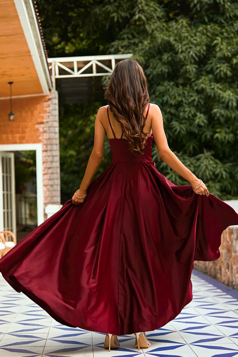 Vestido Longo Cetim Borgonha