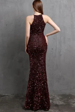 Vestido longo de baile de lantejoulas borgonha com fenda