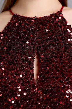 Vestido longo de baile de lantejoulas borgonha com fenda