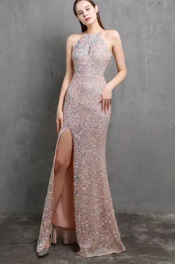 Vestido longo de baile de lantejoulas borgonha com fenda