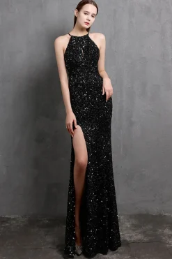 Vestido longo de baile de lantejoulas borgonha com fenda