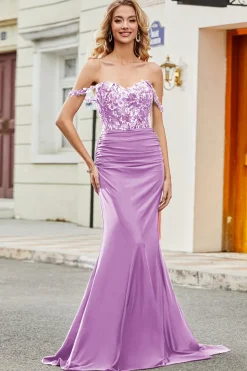 Vestido longo de cerimônia lilás sereia com apliques