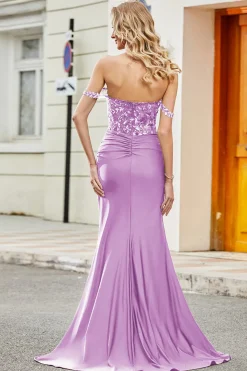 Vestido longo de cerimônia lilás sereia com apliques