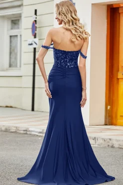 Vestido longo de cerimônia lilás sereia com apliques