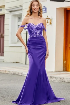 Vestido longo de cerimônia lilás sereia com apliques