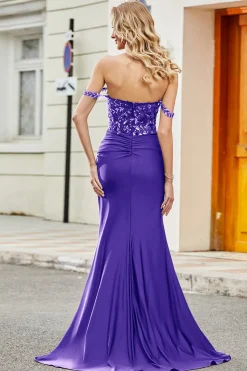 Vestido longo de cerimônia lilás sereia com apliques