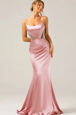 Vestido longo de cerimônia sereia rosa empoeirado com alças finas em cetim