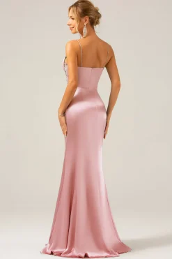 Vestido longo de cerimônia sereia rosa empoeirado com alças finas em cetim