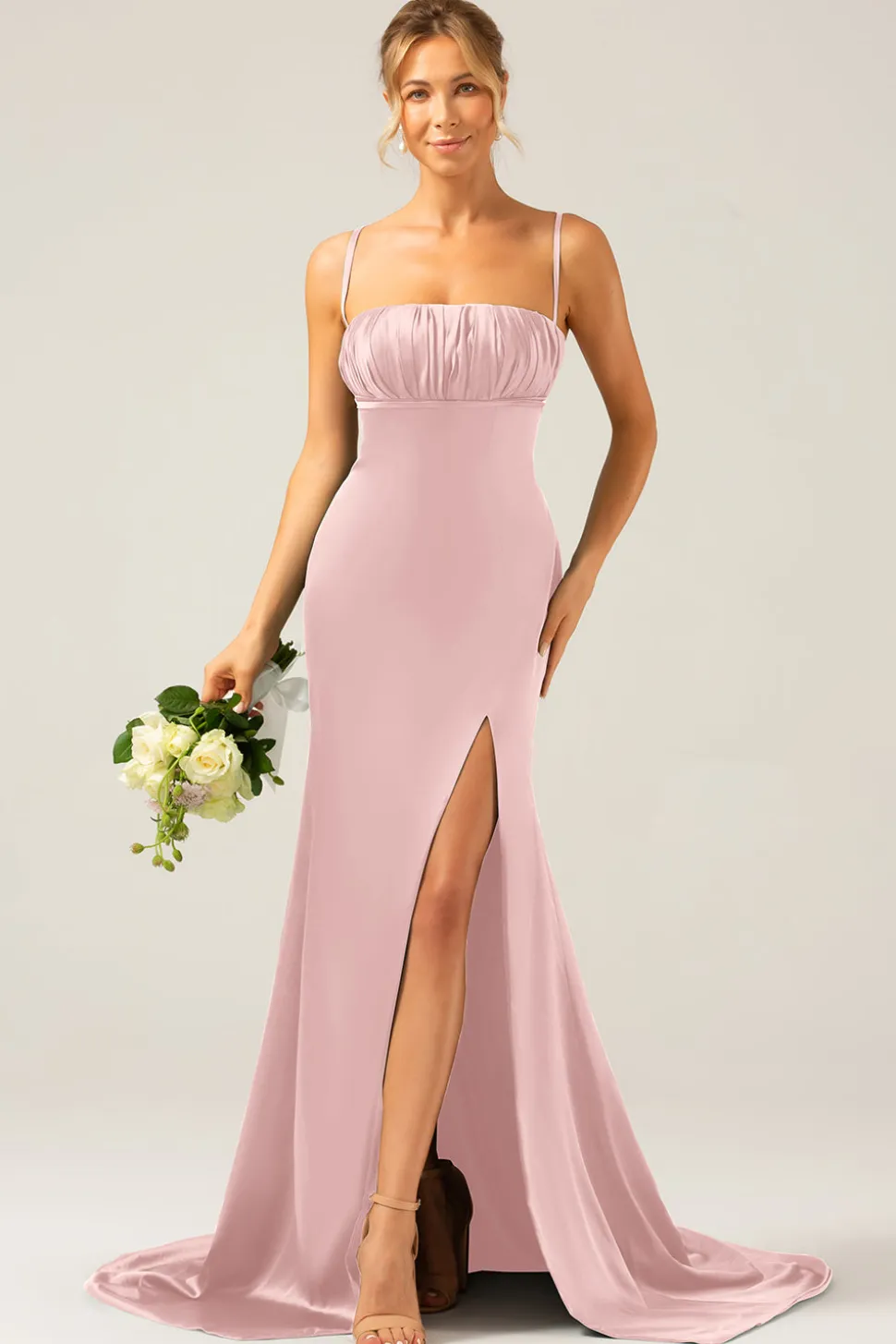 Vestido longo de cetim sereia rosa empoeirado para dama de honra