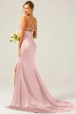 Vestido longo de cetim sereia rosa empoeirado para dama de honra
