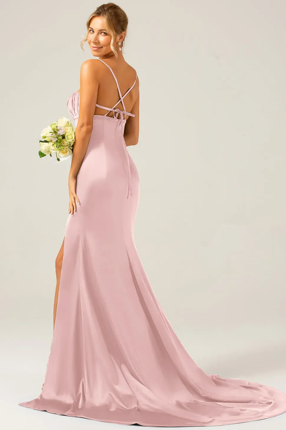 Vestido longo de cetim sereia rosa empoeirado para dama de honra