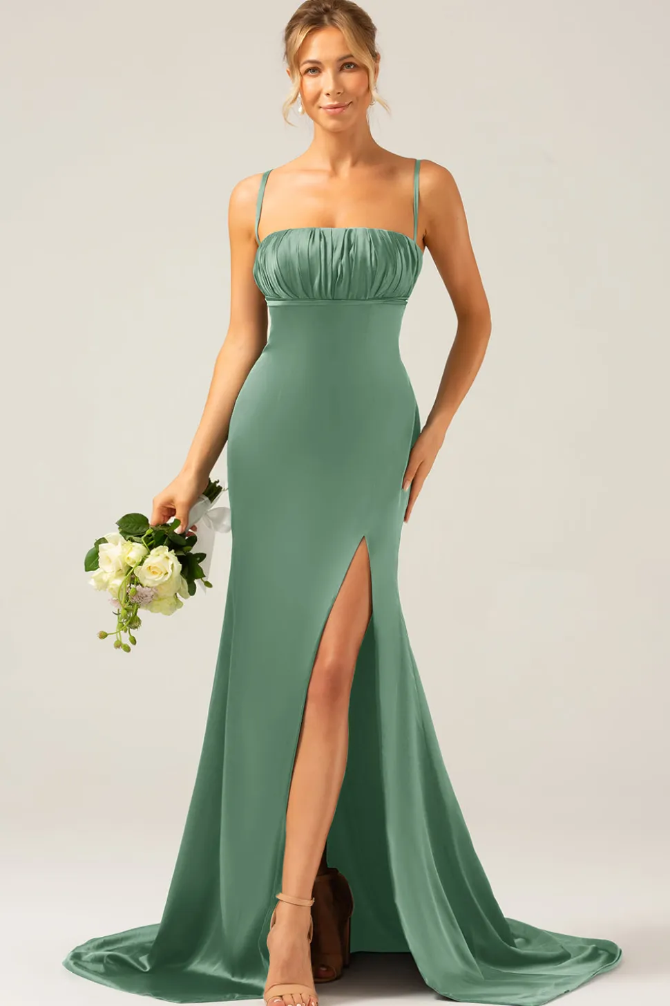 Vestido longo de cetim sereia rosa empoeirado para dama de honra