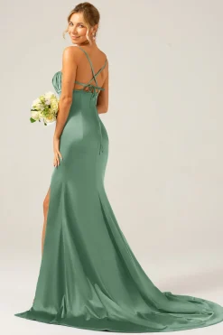 Vestido longo de cetim sereia rosa empoeirado para dama de honra
