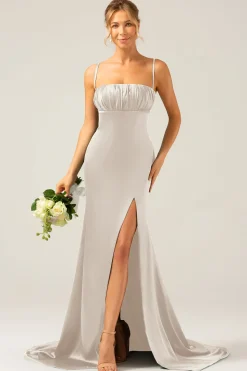 Vestido longo de cetim sereia rosa empoeirado para dama de honra