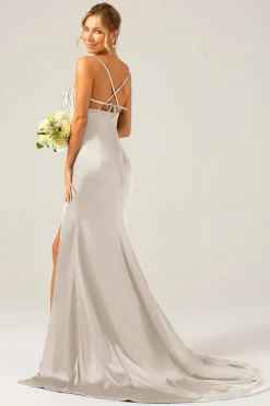 Vestido longo de cetim sereia rosa empoeirado para dama de honra
