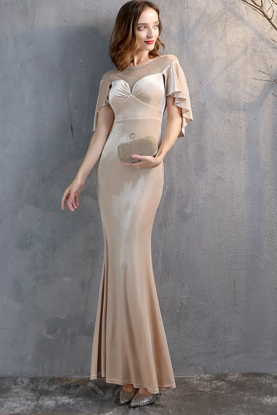 Vestido longo do baile de finalistas da sereia de veludo de champanhe