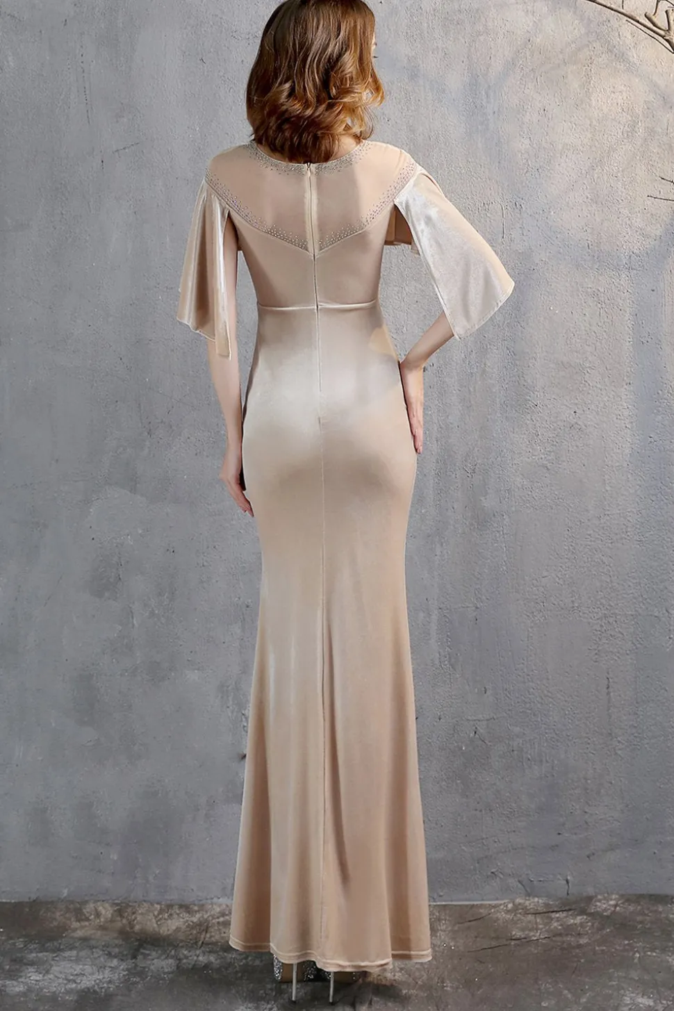 Vestido longo do baile de finalistas da sereia de veludo de champanhe