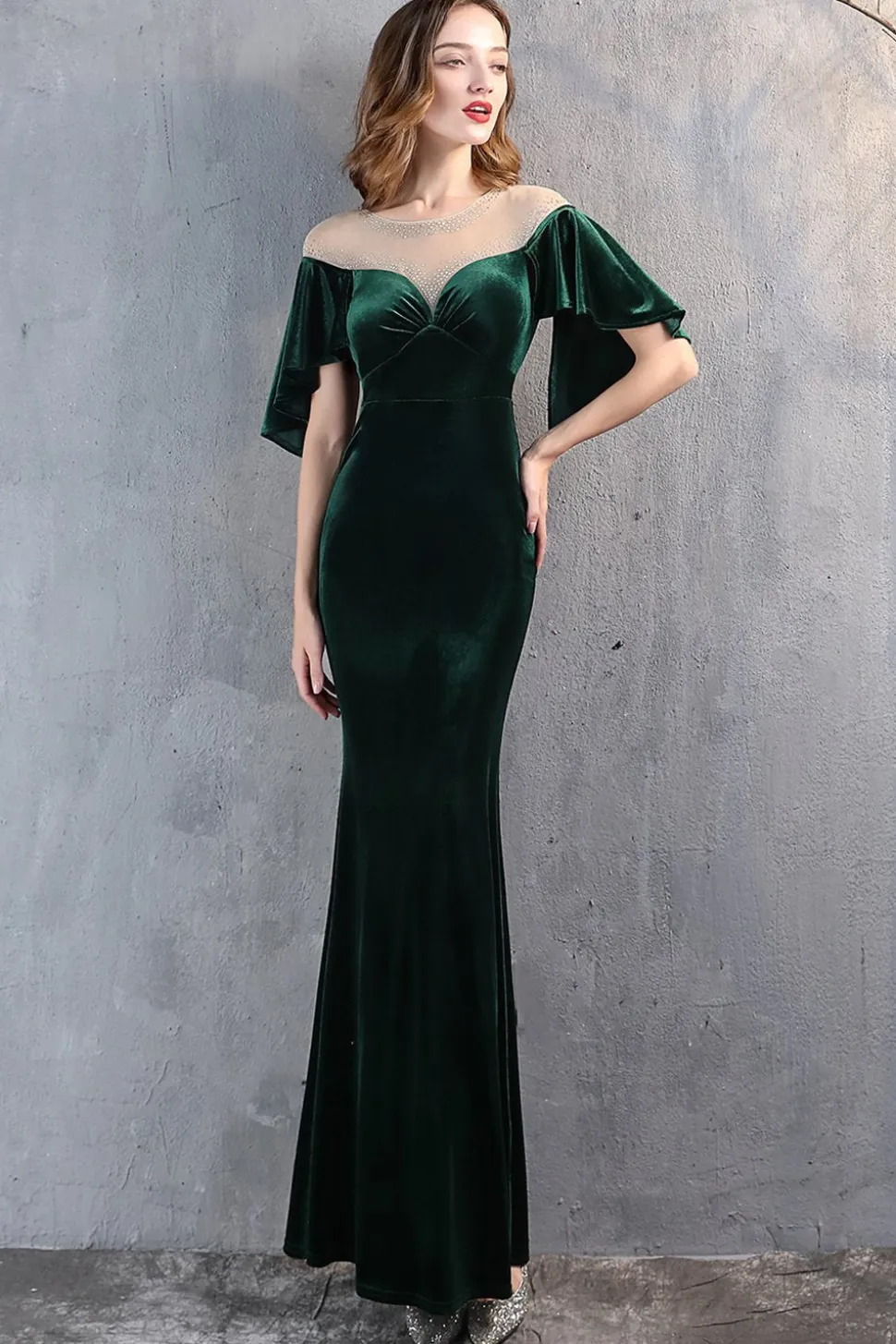 Vestido longo do baile de finalistas da sereia de veludo de champanhe