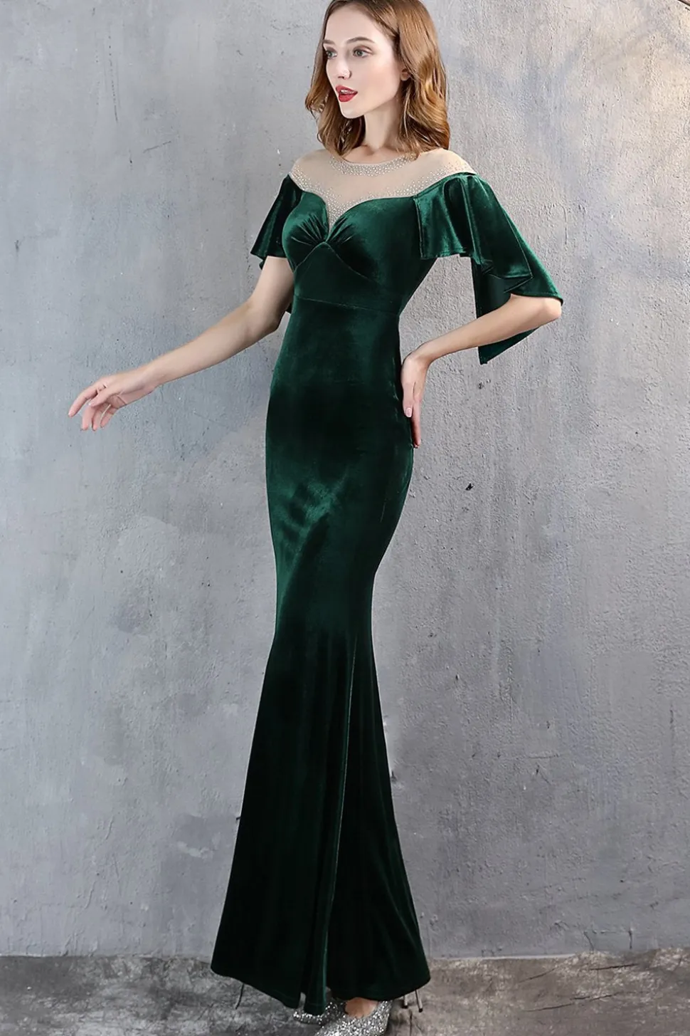 Vestido longo do baile de finalistas da sereia de veludo de champanhe