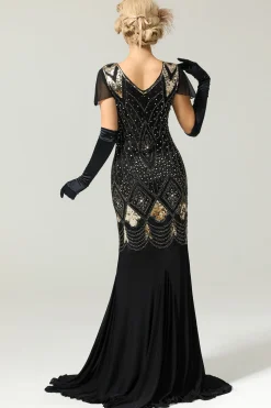 Vestido longo preto de lantejoulas da década de 1920