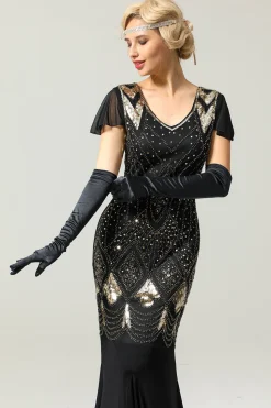 Vestido longo preto de lantejoulas da década de 1920