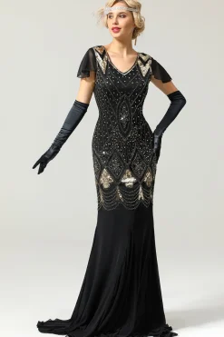 Vestido longo preto de lantejoulas da década de 1920
