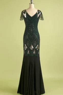 Vestido longo preto de lantejoulas da década de 1920