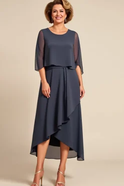 Vestido Mae Noiva Aço Cinzento Bainha Pescoço Redondo Assimétrico
