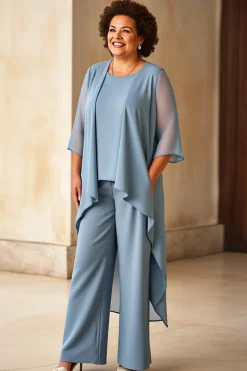 Vestido Mae Noiva Azul Cinzento Chiffon Tamanhos Grandes Pantsuits