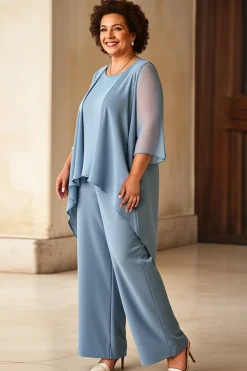 Vestido Mae Noiva Azul Cinzento Chiffon Tamanhos Grandes Pantsuits