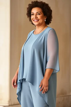 Vestido Mae Noiva Azul Cinzento Chiffon Tamanhos Grandes Pantsuits