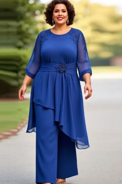 Vestido Mae Noiva Azul Real Chiffon Tamanhos Grandes Meias Mangas