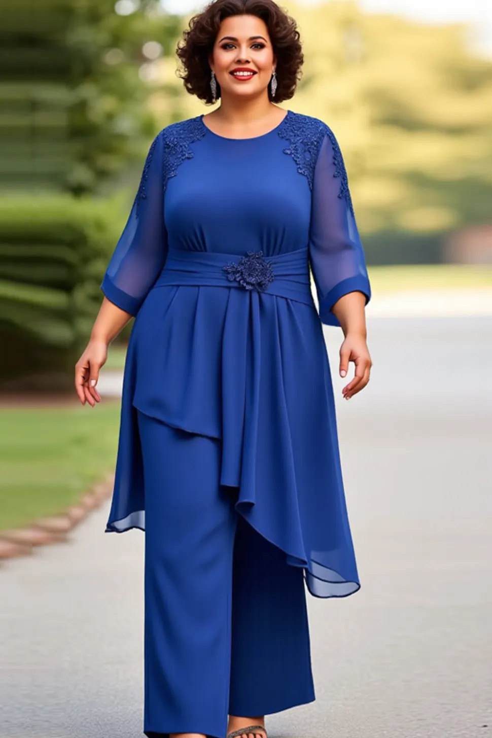 Vestido Mae Noiva Azul Real Chiffon Tamanhos Grandes Meias Mangas