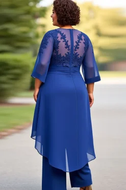 Vestido Mae Noiva Azul Real Chiffon Tamanhos Grandes Meias Mangas