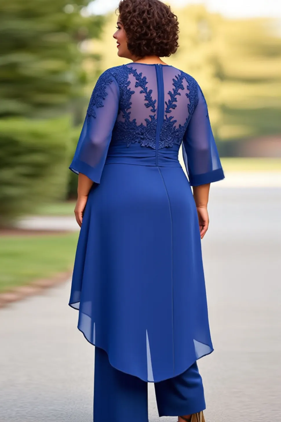 Vestido Mae Noiva Azul Real Chiffon Tamanhos Grandes Meias Mangas