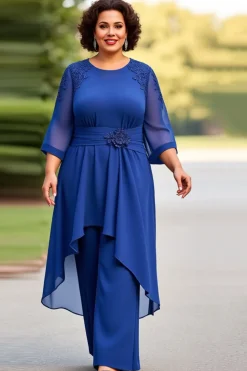 Vestido Mae Noiva Azul Real Chiffon Tamanhos Grandes Meias Mangas