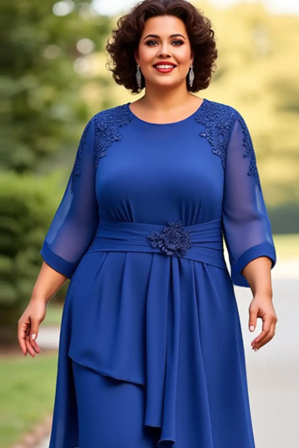 Vestido Mae Noiva Azul Real Chiffon Tamanhos Grandes Meias Mangas
