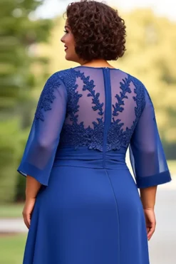Vestido Mae Noiva Azul Real Chiffon Tamanhos Grandes Meias Mangas